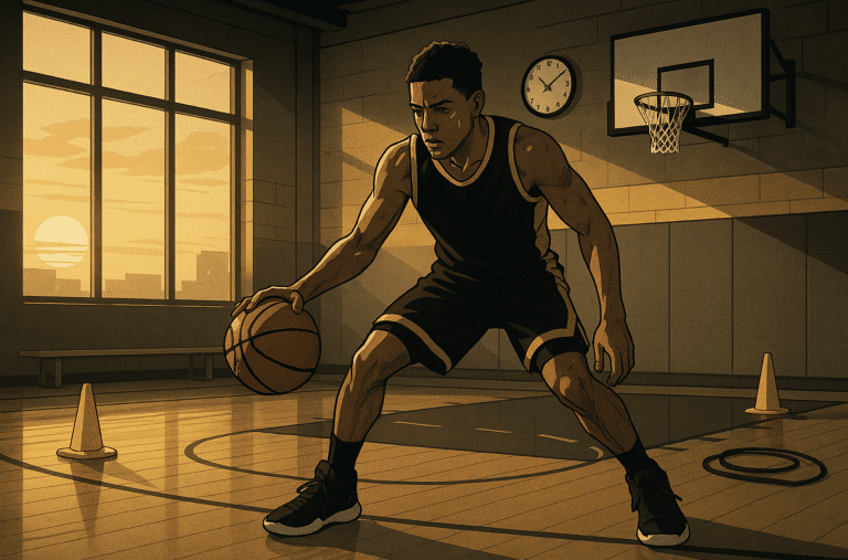 Youth basketball player training alone in a gym at sunrise, focused on improving.